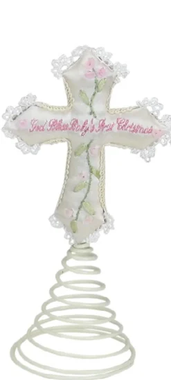 Pink "God Bless Baby's First Christmas" Cross Tree Topper