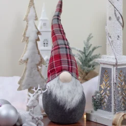 Plaid Bendable Hat Gnome Sitting Christmas Decoration - 25" - Red and Gray