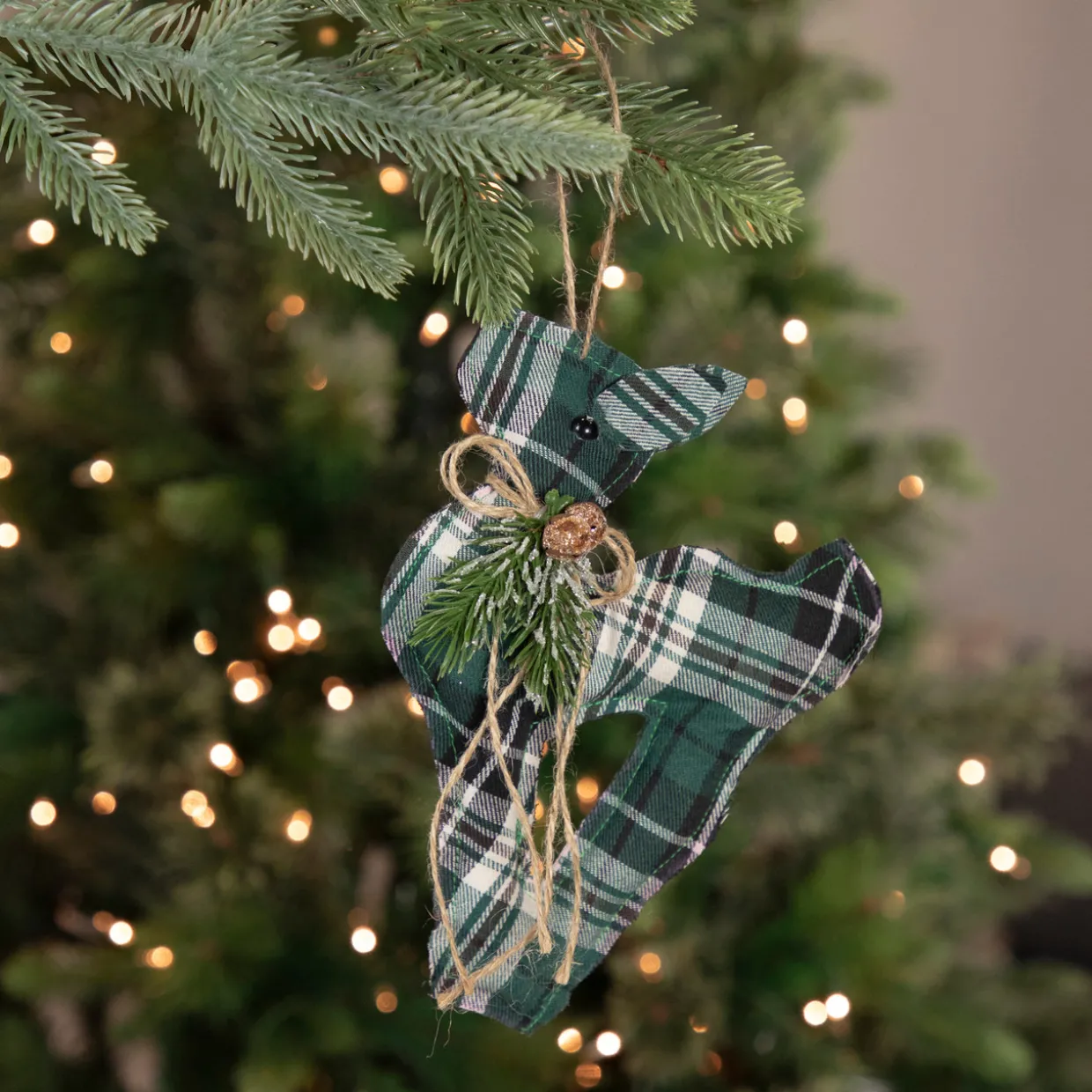 Plaid Deer with Pine Christmas Ornament - 7.75" - Green