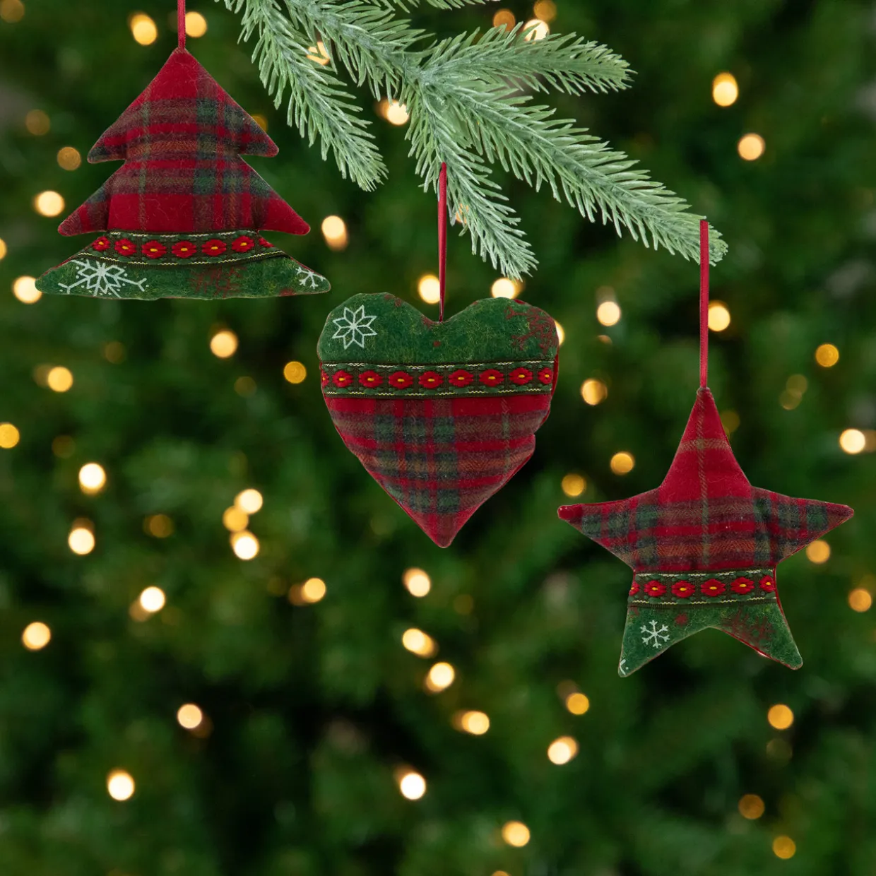 Plaid Heart, Tree and Star Christmas Ornaments - 5" - Red and Green - Set of 3