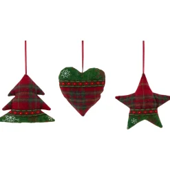Plaid Heart, Tree and Star Christmas Ornaments - 5" - Red and Green - Set of 3