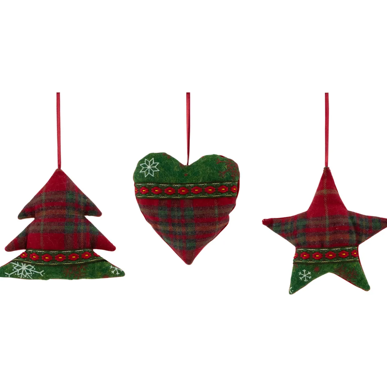 Plaid Heart, Tree and Star Christmas Ornaments - 5" - Red and Green - Set of 3