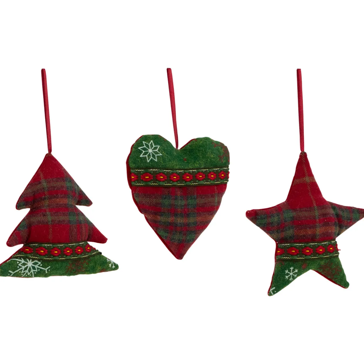 Plaid Heart, Tree and Star Christmas Ornaments - 5" - Red and Green - Set of 3