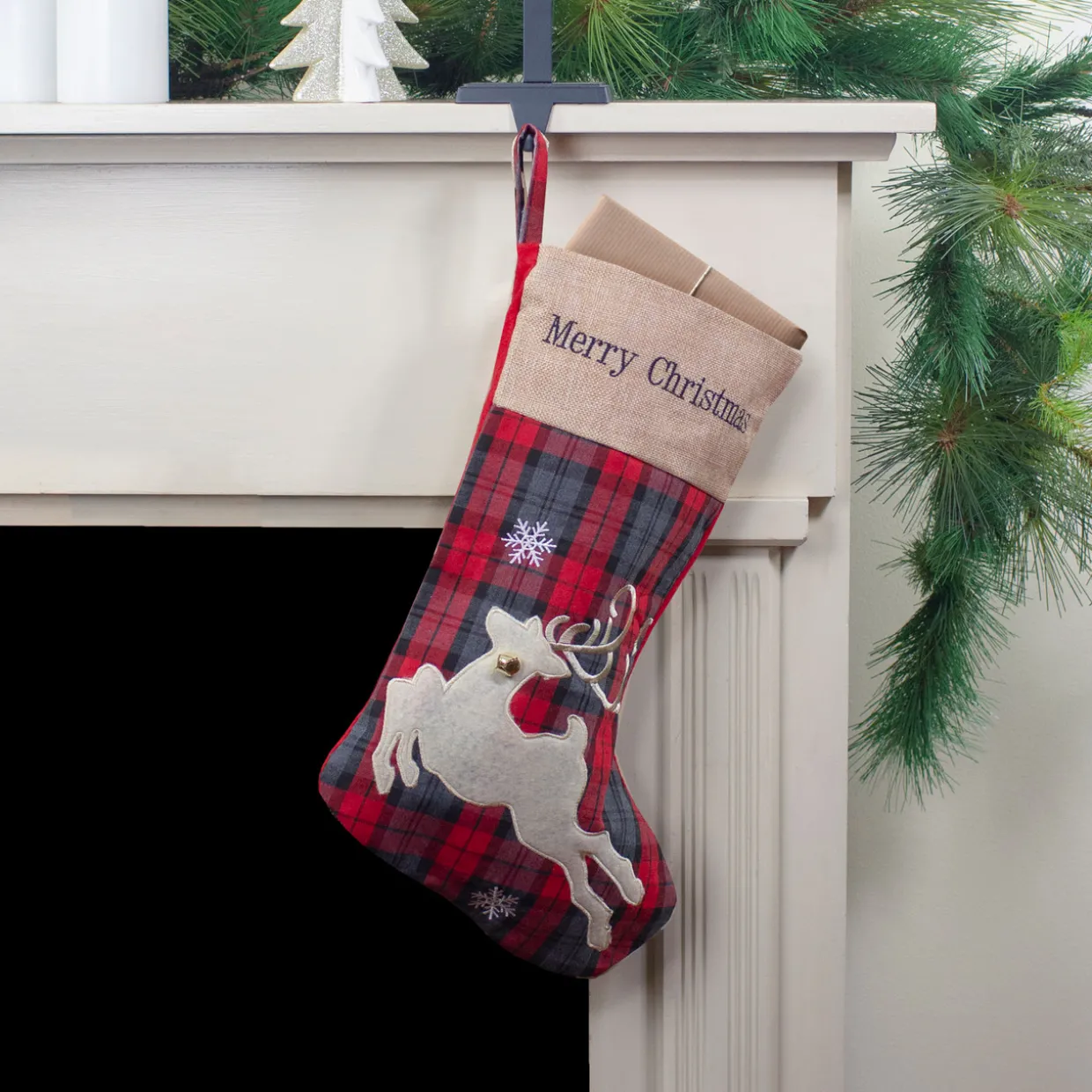 Plaid Merry Christmas Reindeer Stocking - 19" - Red and Green
