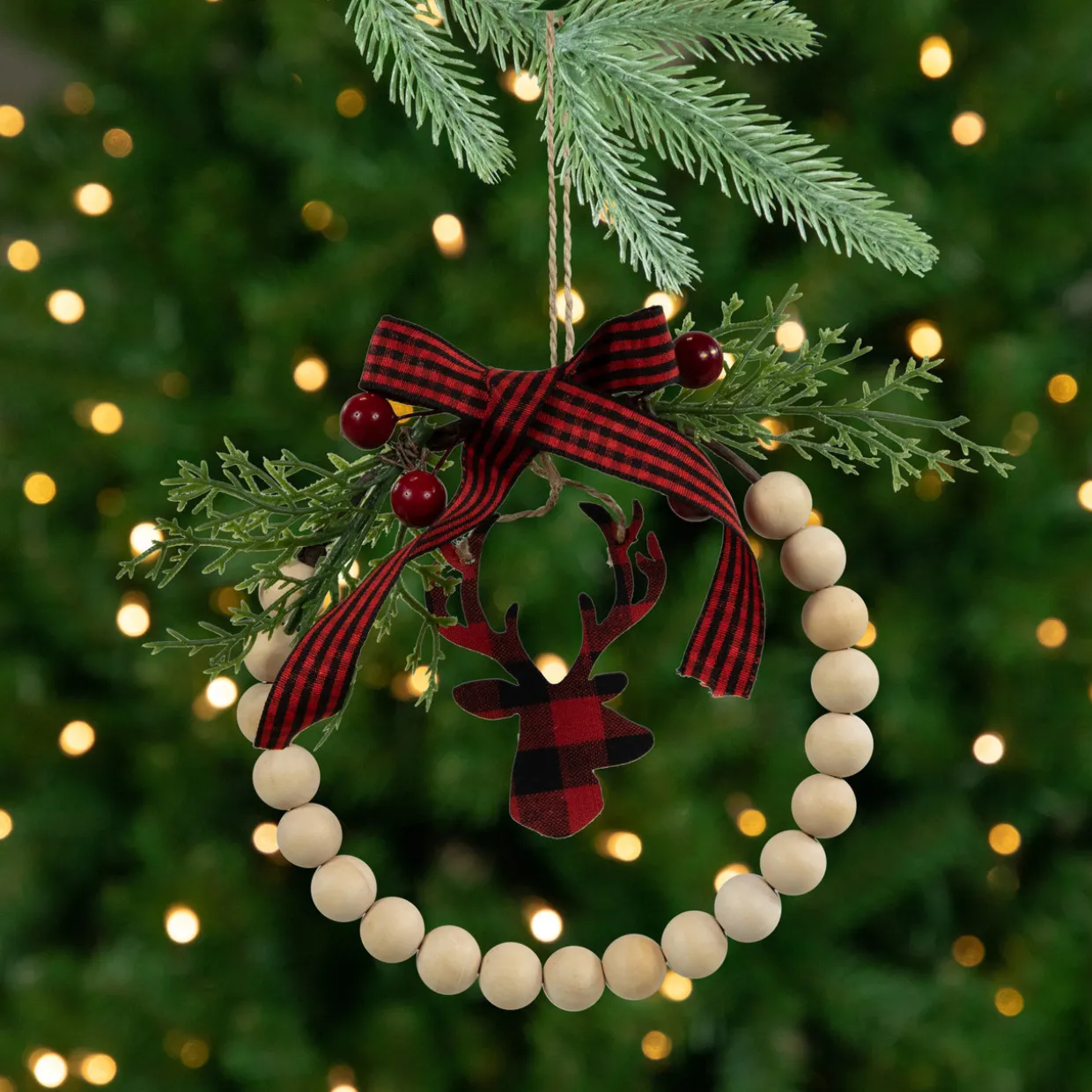 Plaid Reindeer with Pine and Berries Christmas Wreath Ornament - 7.5"