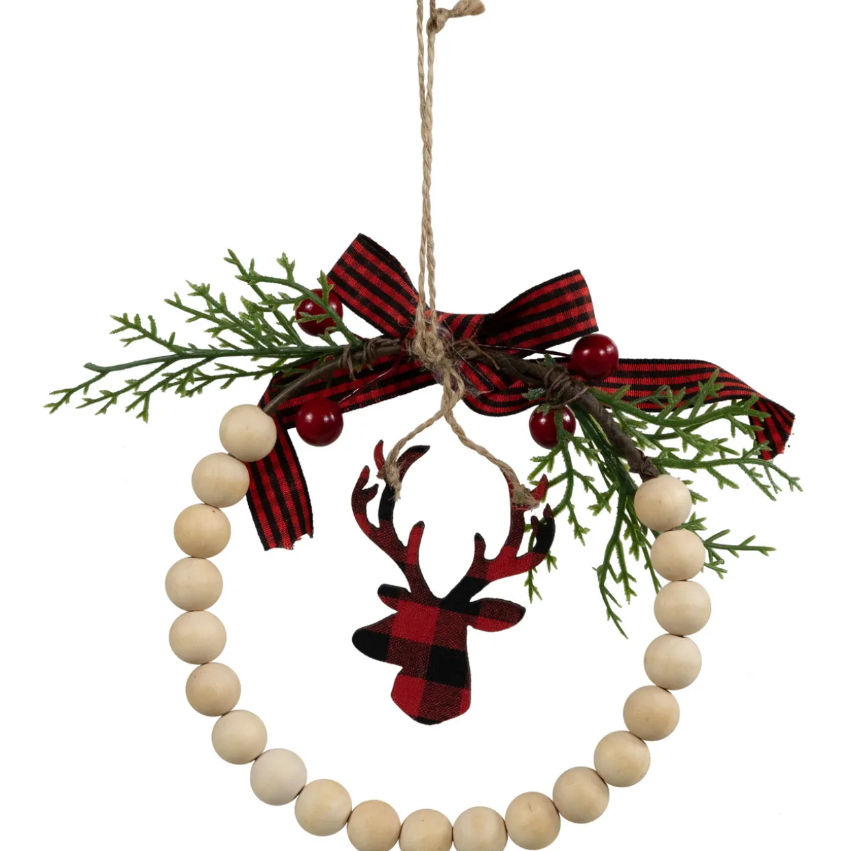 Plaid Reindeer with Pine and Berries Christmas Wreath Ornament - 7.5"
