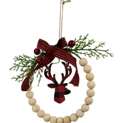 Plaid Reindeer with Pine and Berries Christmas Wreath Ornament - 7.5