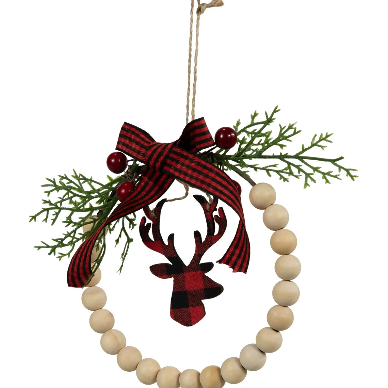 Plaid Reindeer with Pine and Berries Christmas Wreath Ornament - 7.5"
