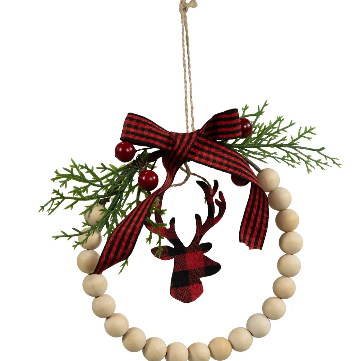 Plaid Reindeer with Pine and Berries Christmas Wreath Ornament - 7.5"
