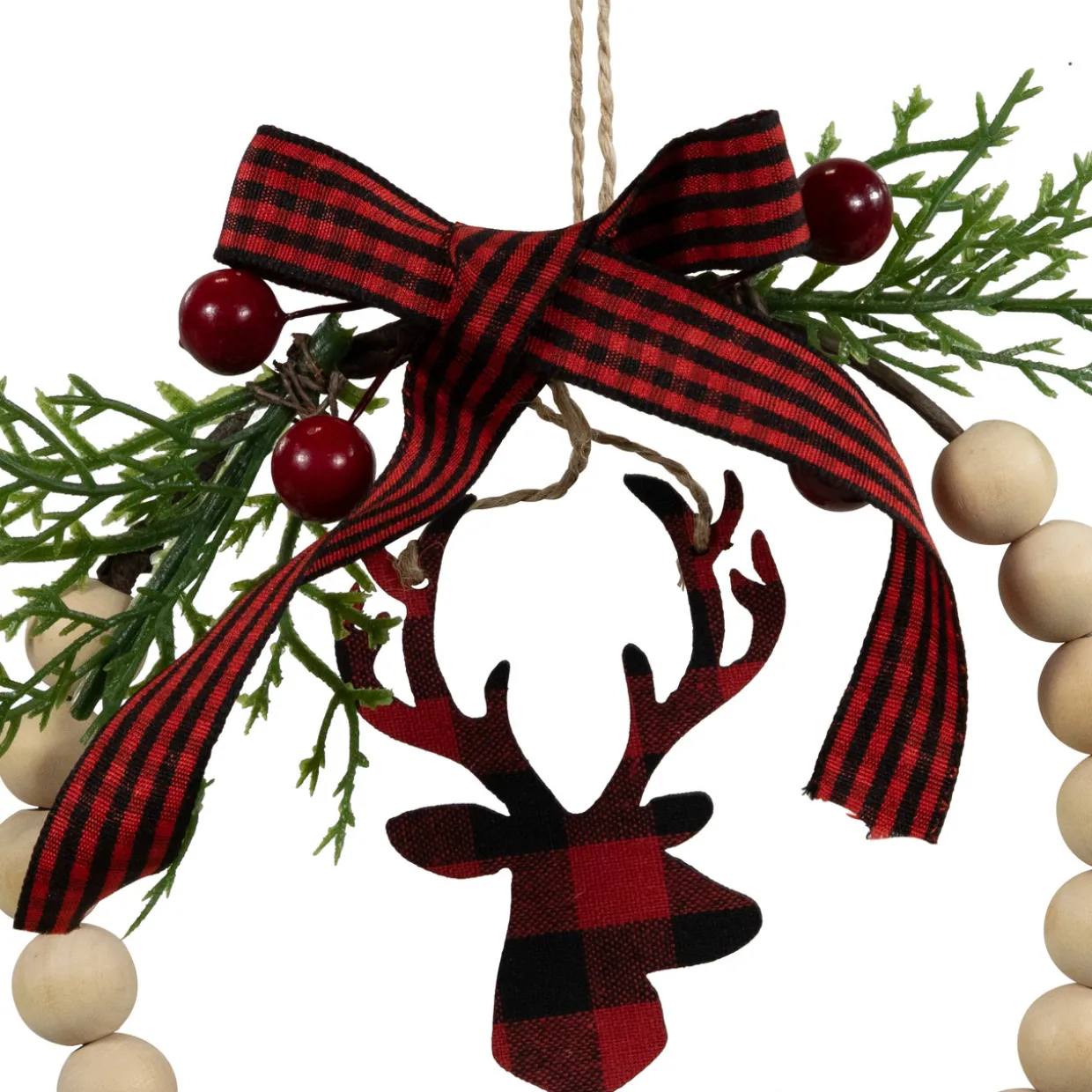 Plaid Reindeer with Pine and Berries Christmas Wreath Ornament - 7.5"