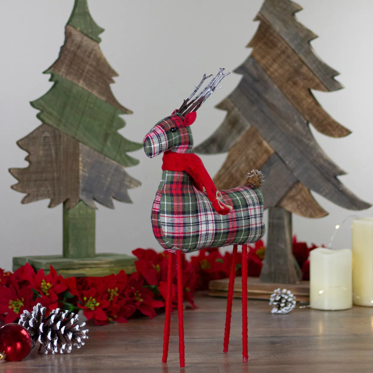 Plaid Standing Reindeer Christmas Figure - 16" - Red and Green