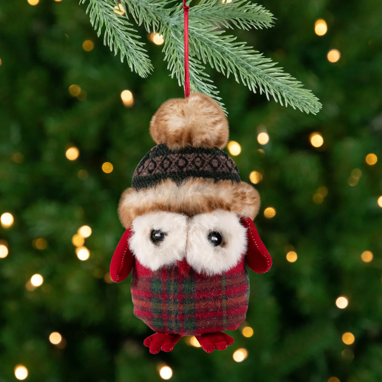 Plush Baby Owl in Plaid Christmas Ornament - 7"