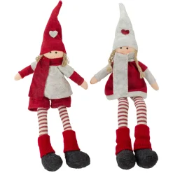 Plush Boy and Girl Sitting Christmas Figures - 19" - Red and Beige - Set of 2