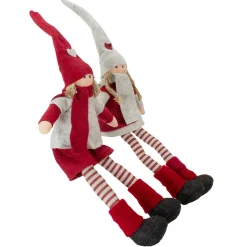 Plush Boy and Girl Sitting Christmas Figures - 19" - Red and Beige - Set of 2