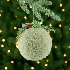 Plush Christmas Ball Ornament with Winter Foliage - 4" - Green