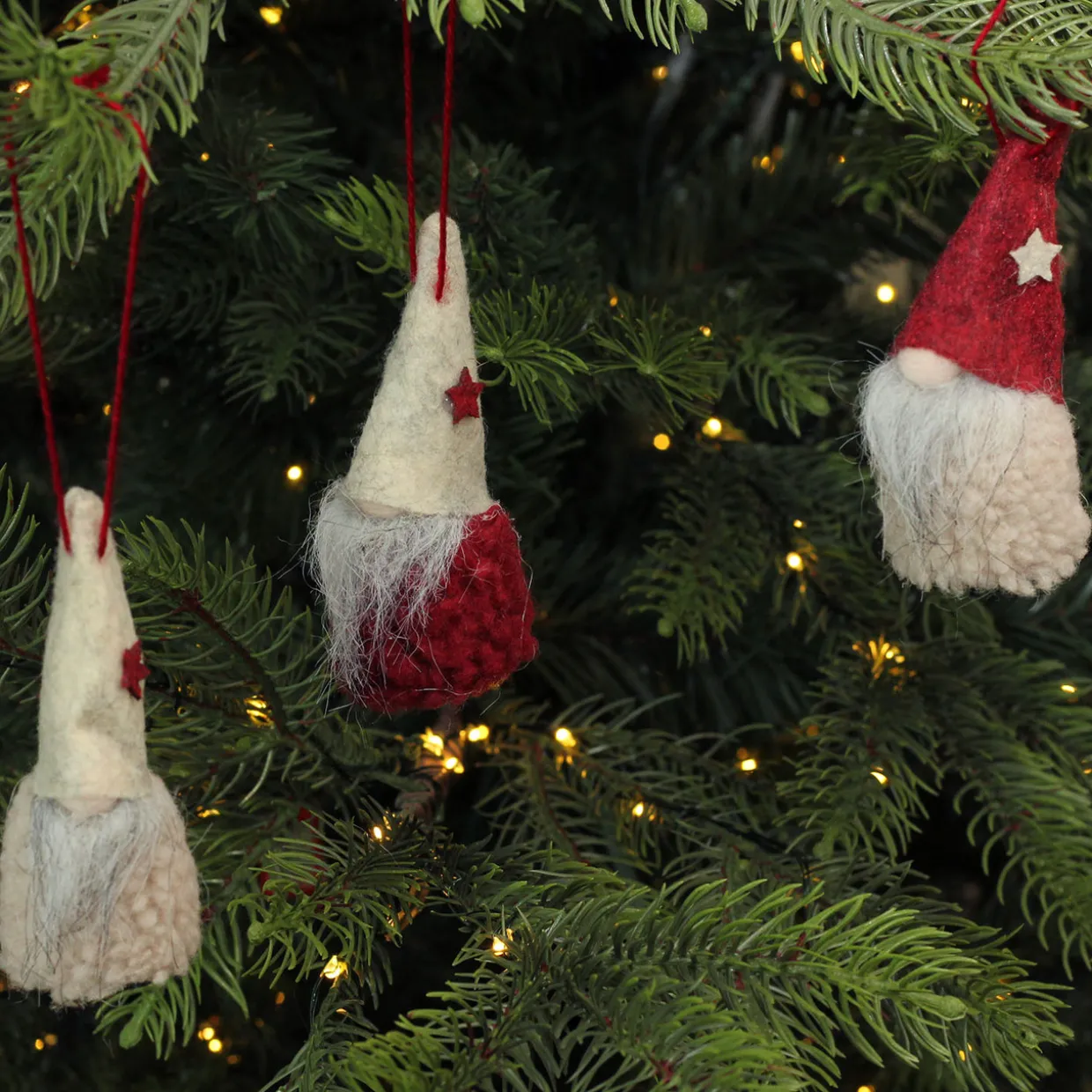Plush Gnome Hanging Christmas Ornaments - 3.75" - Red and Beige - Set of 3