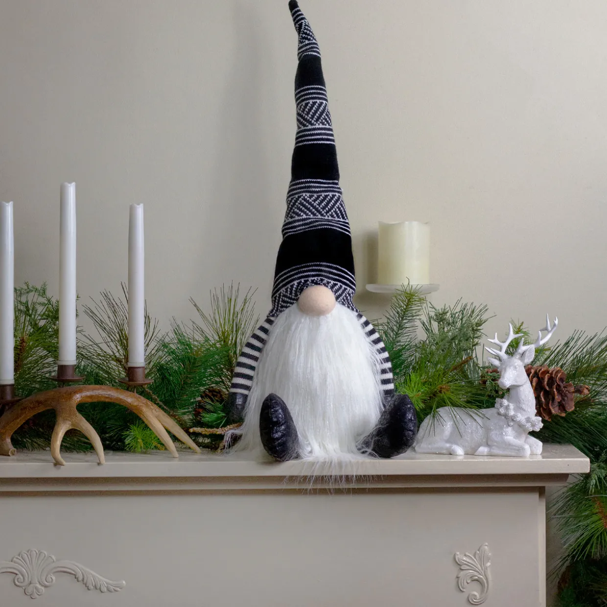 Plush Gnome with Striped Arms Christmas Figure - 28" - Black and White