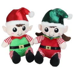 Plush Sitting Boy and Girl Christmas Elf Figures - 13" - Red and Green - Set of 2