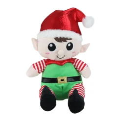 Plush Sitting Boy and Girl Christmas Elf Figures - 13" - Red and Green - Set of 2