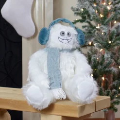 Plush Sitting Yeti with Earmuffs Christmas Figure - 18" - White and Blue