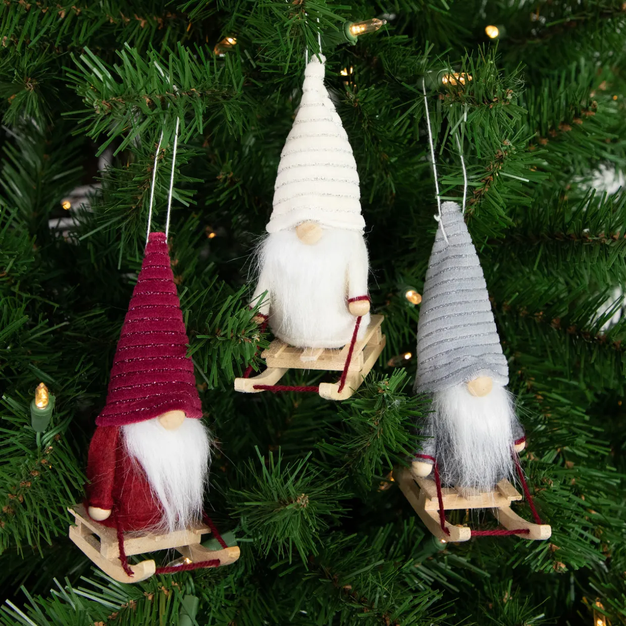 Plush Sledding Gnomes Christmas Figurine Ornaments - 5.25" - Set of 3