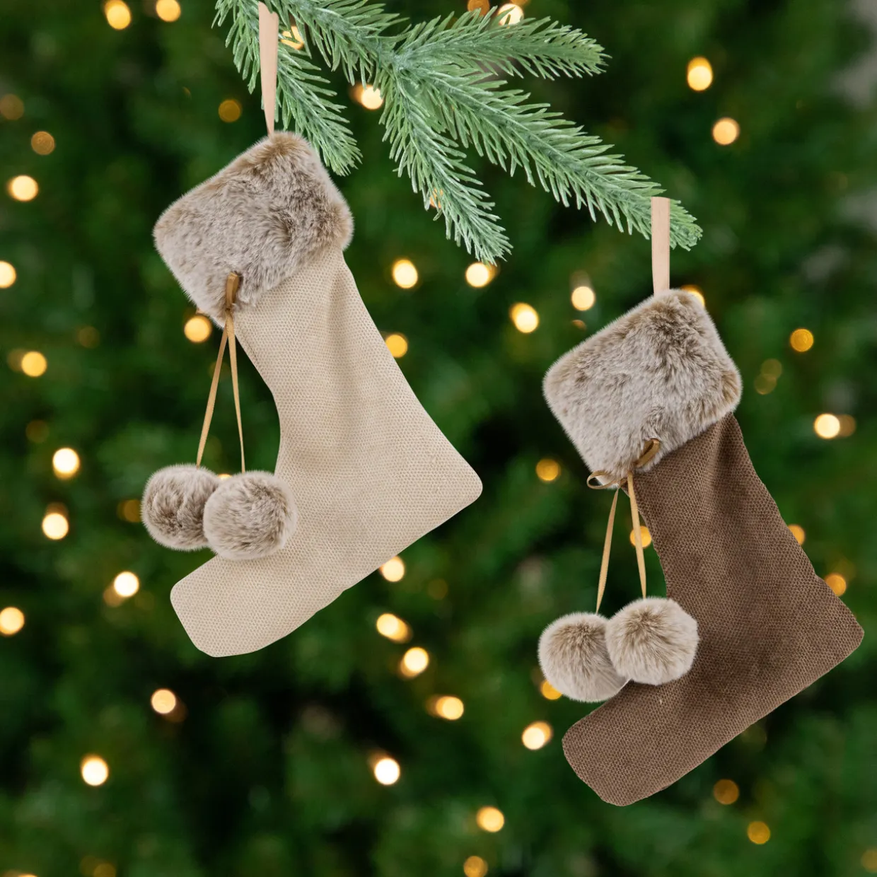 Plush Stockings Christmas Ornaments - 7.5" - Beige and Brown - Set of 2