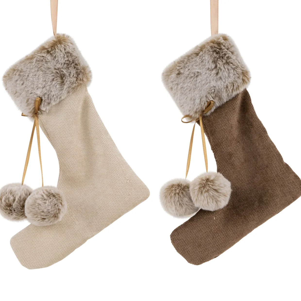 Plush Stockings Christmas Ornaments - 7.5" - Beige and Brown - Set of 2