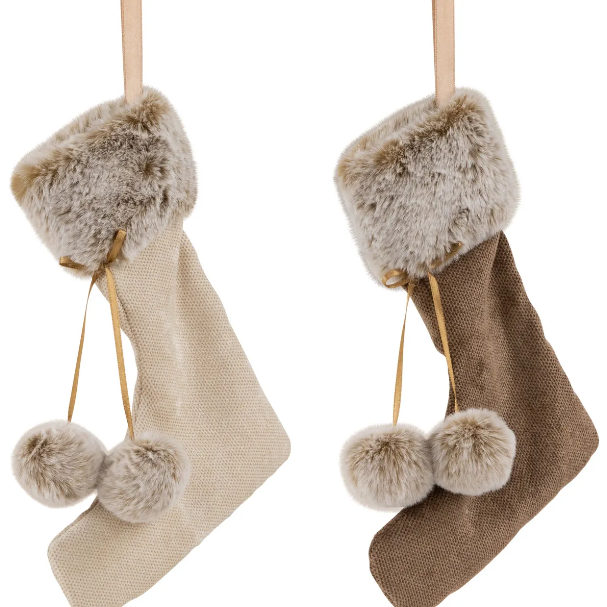 Plush Stockings Christmas Ornaments - 7.5" - Beige and Brown - Set of 2