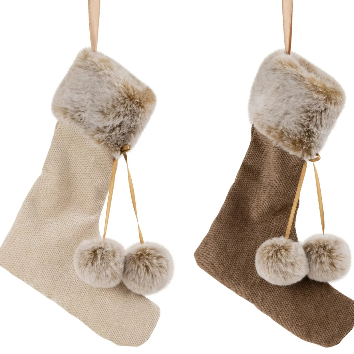 Plush Stockings Christmas Ornaments - 7.5" - Beige and Brown - Set of 2