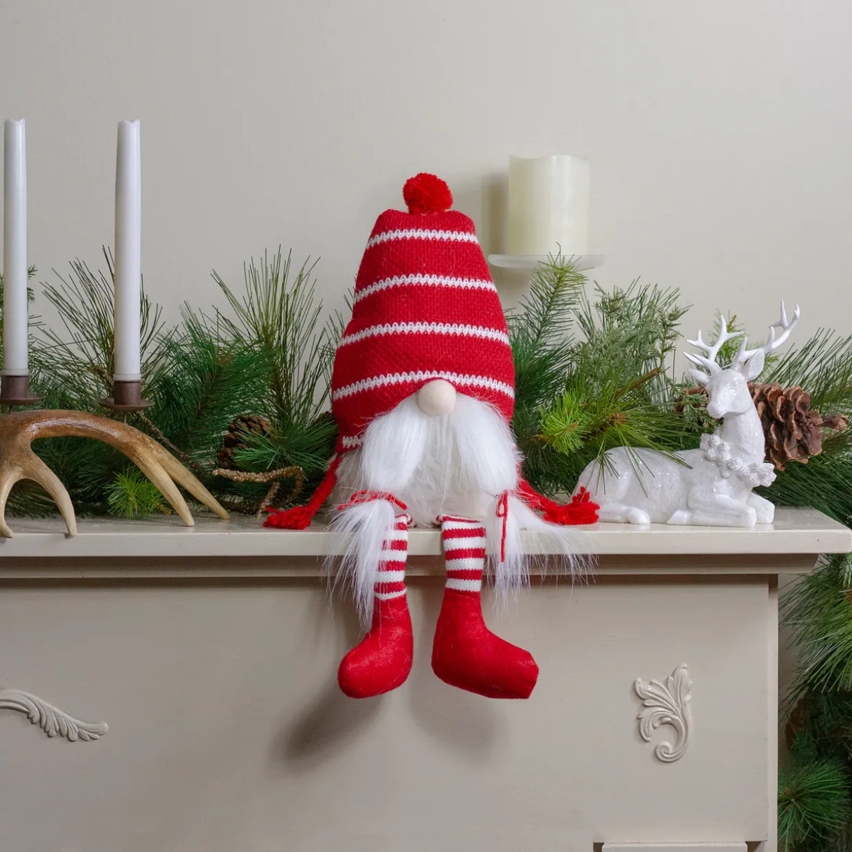 Plush Striped Sitting Christmas Gnome Figure - 18" - Red and White