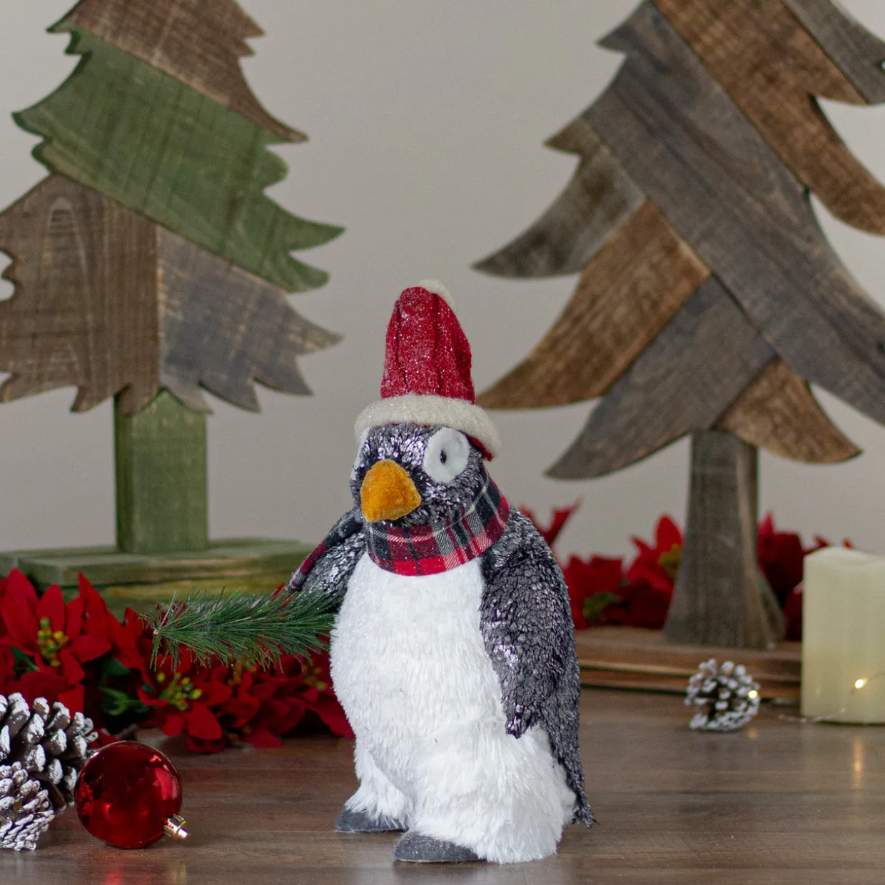 Plush Winter Penguin with Pine Branch Christmas Figure - 13"