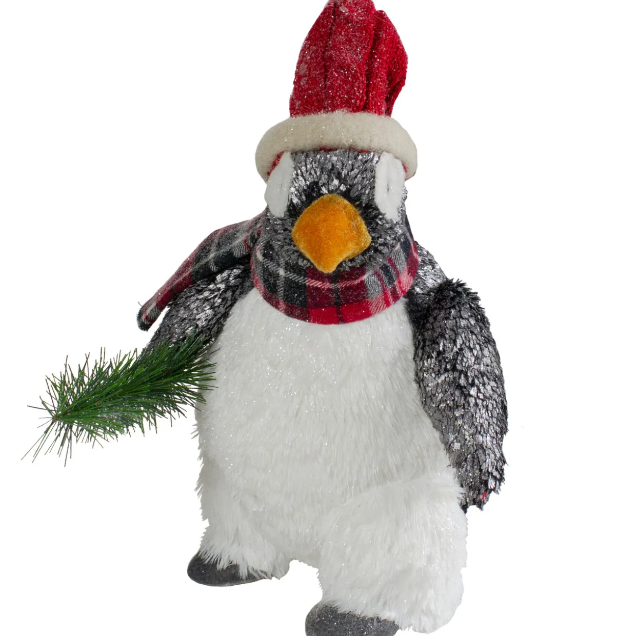 Plush Winter Penguin with Pine Branch Christmas Figure - 13"