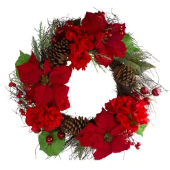Poinsettia and Hydrangea Artificial Christmas Wreath - 24" - Unlit