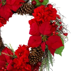 Poinsettia and Hydrangea Artificial Christmas Wreath - 24" - Unlit