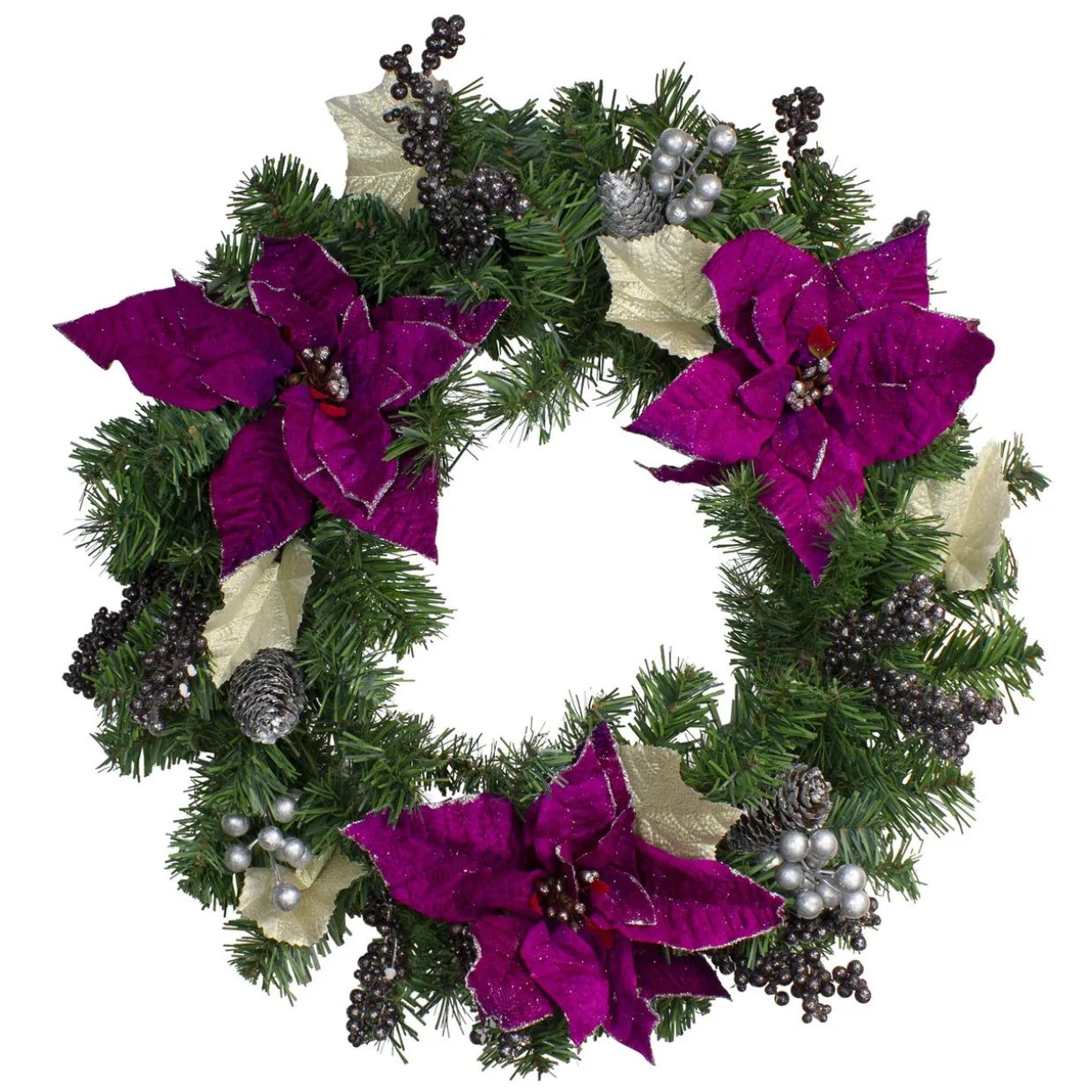 Poinsettia and Pine Cone Berries Artificial Christmas Wreath - 24" - Purple - Unlit