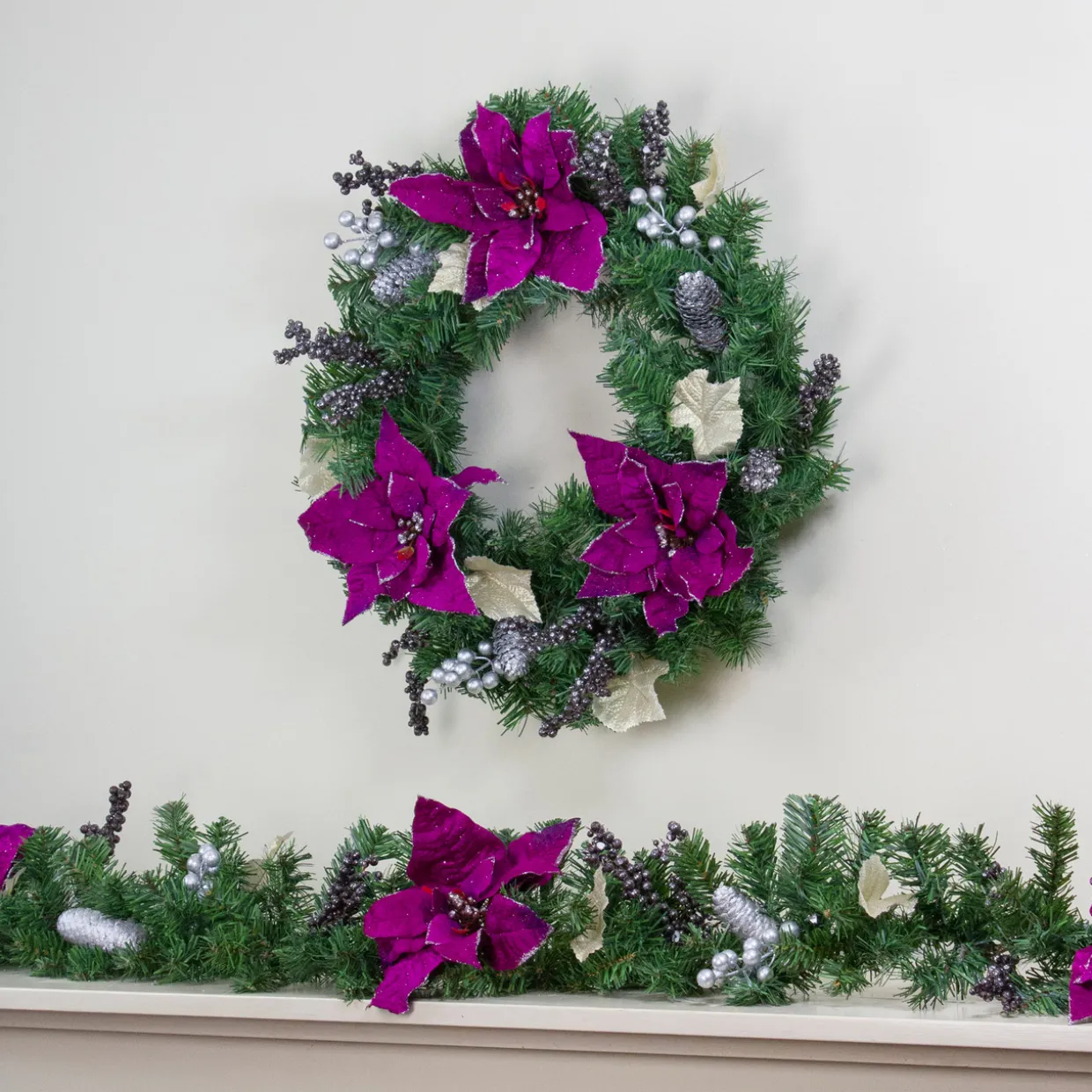 Poinsettia and Pine Cone Berries Artificial Christmas Wreath - 24" - Purple - Unlit