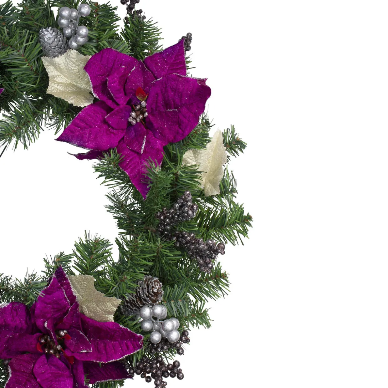 Poinsettia and Pine Cone Berries Artificial Christmas Wreath - 24" - Purple - Unlit