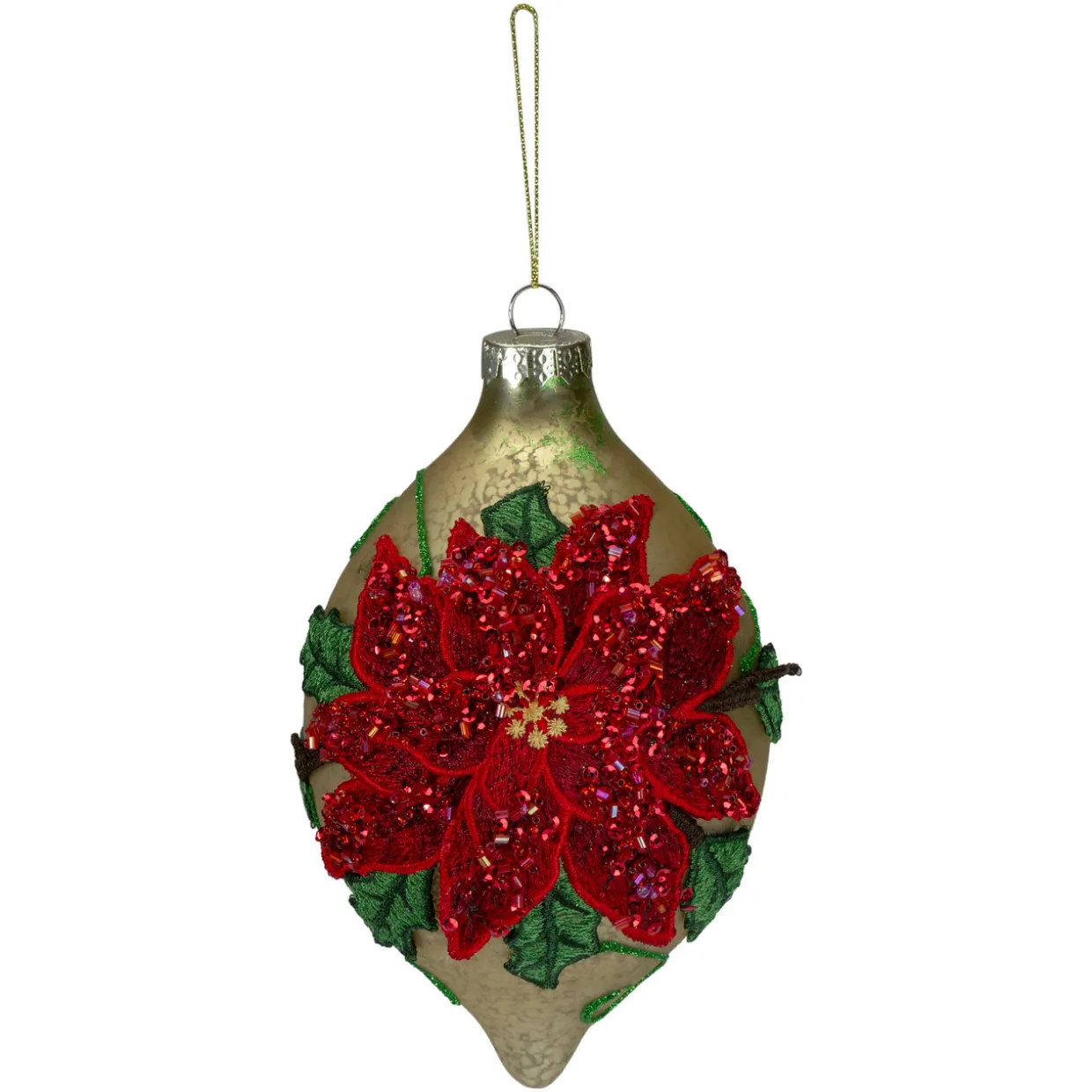 Poinsettia Finial Christmas Ornament - 6.5" - Red and Gold