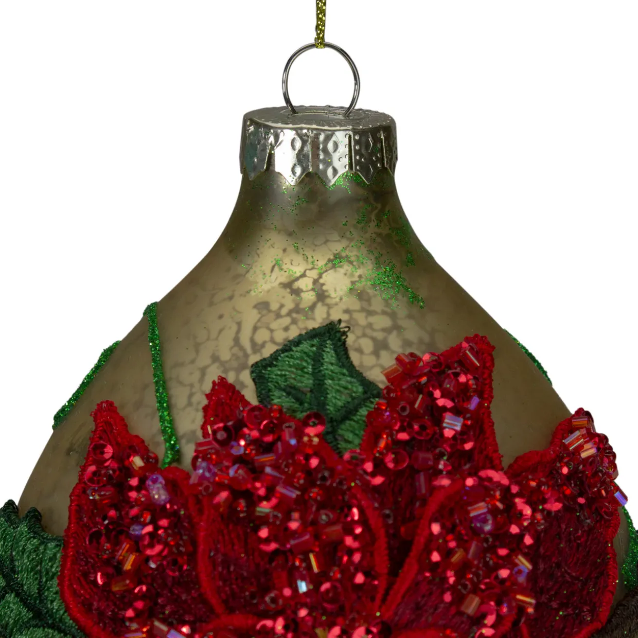 Poinsettia Finial Christmas Ornament - 6.5" - Red and Gold