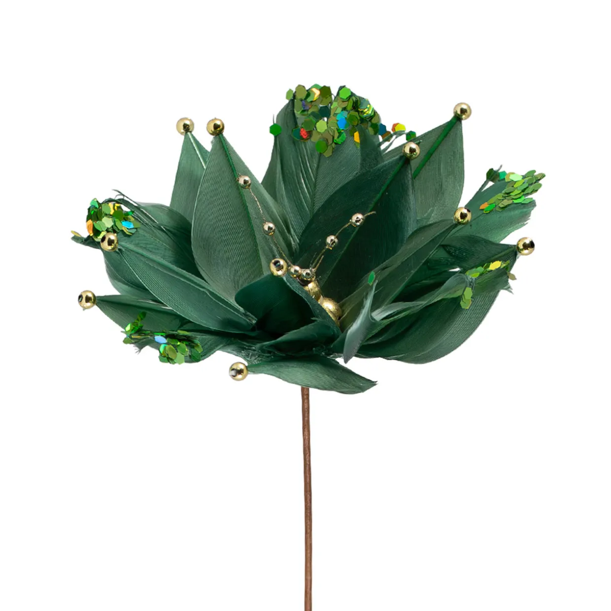 Poinsettia with Feather Petals Artificial Christmas Pick - 13.75" - Green