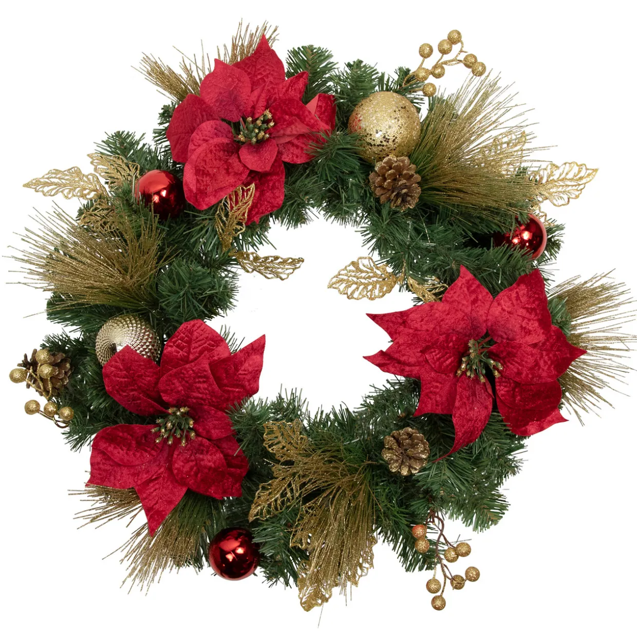 Poinsettias and Ball Ornaments Artificial Christmas Wreath - 24-Inch, Unlit