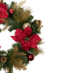 Poinsettias and Ball Ornaments Artificial Christmas Wreath - 24-Inch, Unlit