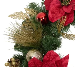 Poinsettias and Ball Ornaments Artificial Christmas Wreath - 24-Inch, Unlit