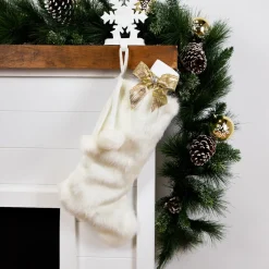 Polar Bear Faux Fur Christmas Stocking with Pom Poms - 20.5" - White