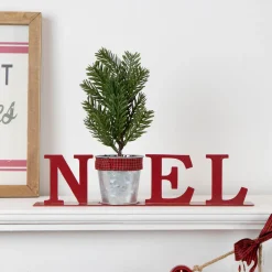 Potted Faux Pine in Metal "NOEL" Planter Christmas Decoration - 13" - Red