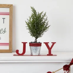 Potted Faux Pine in Metal "JOY" Planter Christmas Decoration - 10" - Red
