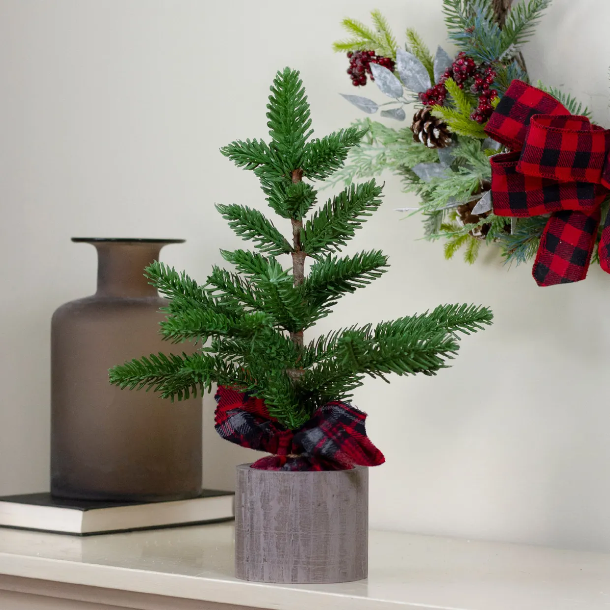 Potted Pine Medium Artificial Christmas Tree with Plaid Skirt - 1.3' - Unlit