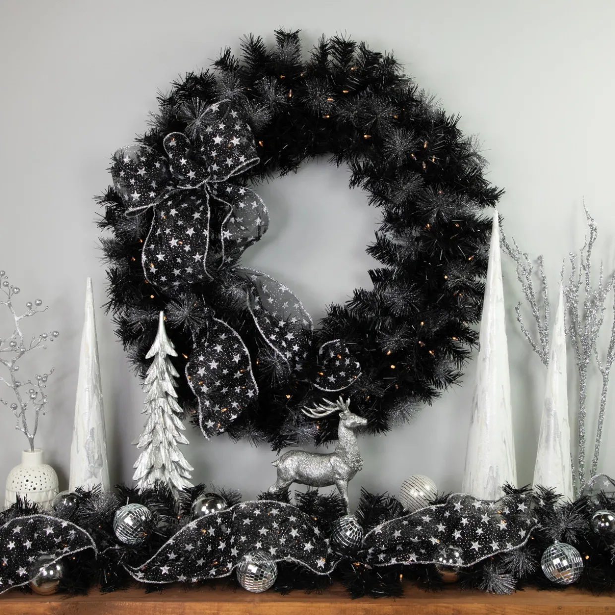 Pre-Lit Battery Operated Black Bristle Christmas Wreath - 36" - Warm White LED Lights