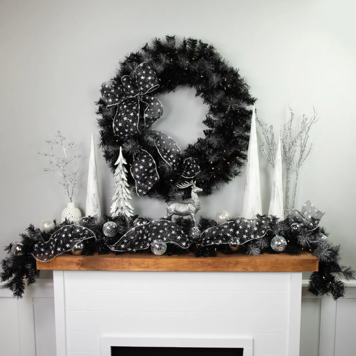 Pre-Lit Battery Operated Black Bristle Christmas Wreath - 36" - Warm White LED Lights