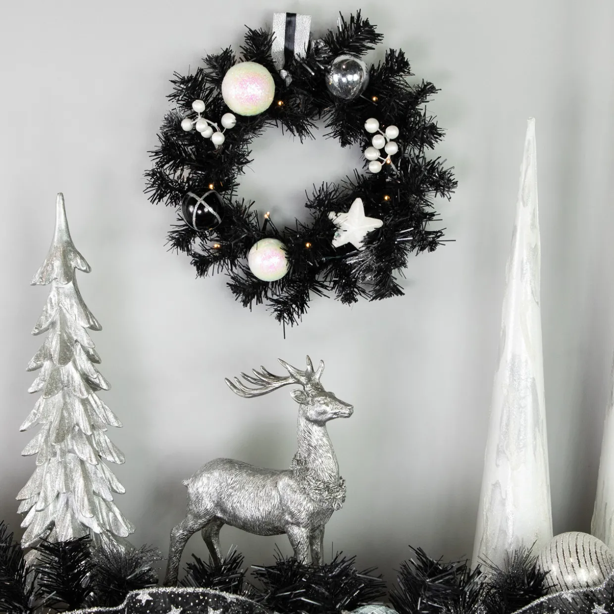 Pre-Lit Battery Operated Black Pine Christmas Wreath - 16" - Cool White LED Lights